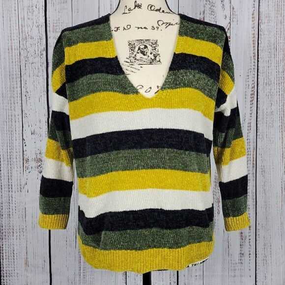Express Black Green Yellow & White Striped Small Soft Knit Cozy V-Neck Sweater - Picture 2 of 8